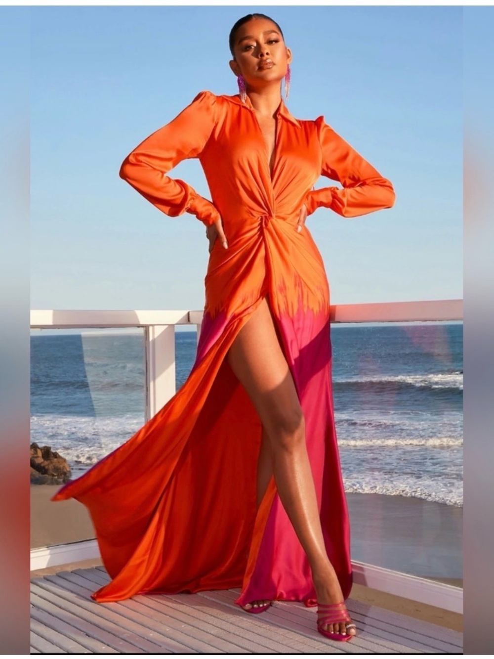 Twist-Front Orange & Pink Maxi Dress